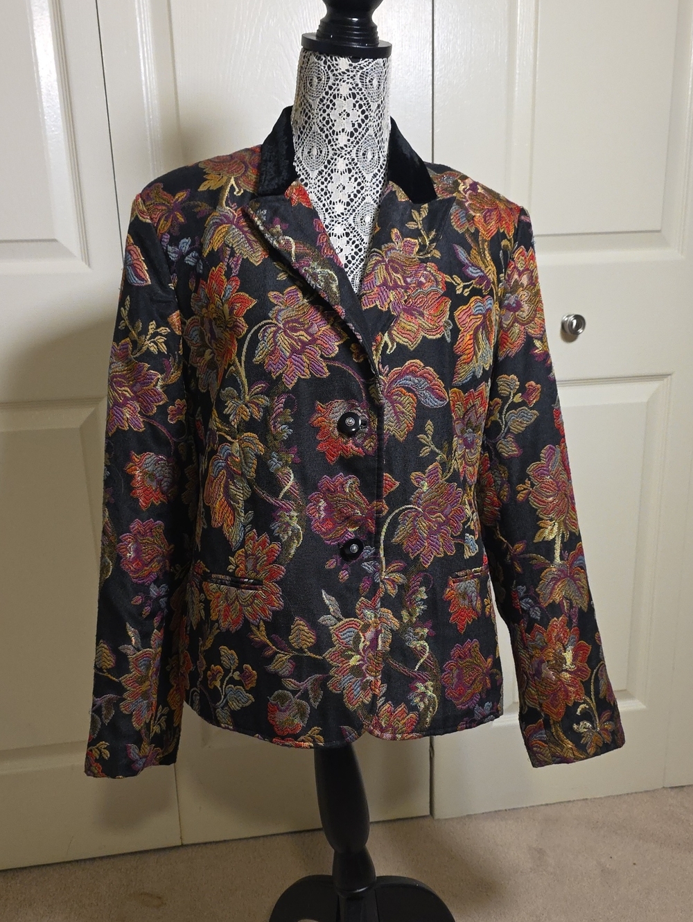 Black Floral Brocade Blazer with Multicolor Embroidery